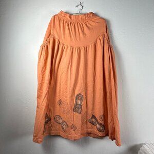 Blue Fish Hand Printed Organic Cotton Midi Skirt Pockets Lagenlook Orange USA 1